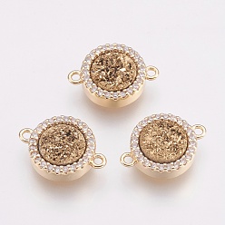 с Золотистым Покрытием Соединители звеньев натурального агата друзы, С нахождением латуни и кубическим цирконием, плоско-круглые, золотые, с золотым покрытием, 15.5~16x11x4 мм, отверстие : 1.2 мм