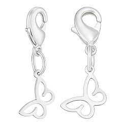 925 Sterling Silver Plated 4Pcs 925 Sterling Silver Pendant Decorations, with Brass Lobster Claw Clasps, Butterfly, 925 Sterling Silver Plated, 23mm