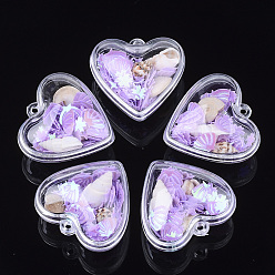Medium Purple Openable Transparent Plastic Container Pendants, with Shell and Sequins, Heart, Medium Purple, 28.5x30x18mm, Hole: 1.6mm