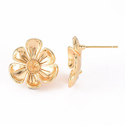Real 18K Gold Plated Brass Stud Earrings Findings, for Half Drilled Bead, Nickel Free, Flower, Real 18K Gold Plated, 18.5x17.5mm, Pin: 0.8mm, Pin: 0.8mm(for Half Drilled Bead)