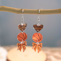 Basketball Акриловые серьги болтаться, платина, сердце с бантом, спортивная тема, баскетбол, 70x15 мм