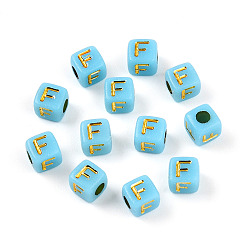 Letter F Покрытие акриловыми шариками, куб с письмом, золотой металл обвитыми, Буква F, 4.5x4.5x4.5 мм, отверстие : 2 мм, Около 6250 шт / 500 г