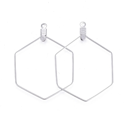 Stainless Steel Color Tarnish Resistant 304 Stainless Steel Wire Pendants, Hoop Earring Findings, Hexagon, Stainless Steel Color, 24 Gauge, 41x29x0.5mm, Hole: 1.2mm