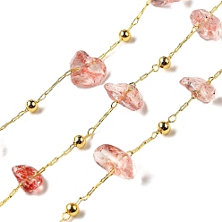 Pink Цепочки из стеклянных бусин ручной работы в виде самородков, пайки, с реечной обшивкой латунными выводами, долговечный, без свинца и без кадмия, с катушкой, реальный 18 k позолоченный, розовые, 5~14x2.5~6x4~7 мм