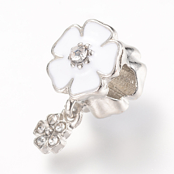Белый Сплав эмаль европейские подвески с подвесками, со стразами, цветок, Подвески с большими отверстиями, платина, белые, 20.5x13.5x12 мм, отверстие : 5 мм