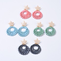 Mixed Color Handmade Spray Painted Reed Cane/Rattan Woven Dangle Stud Earrings, with Alloy Enamel Earring Findings and Steel Pins, Plastic Ear Nuts, Flat Round, Golden, Mixed Color, 65~69mm, Pin: 0.8mm