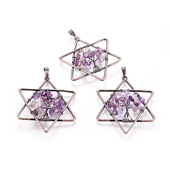 Amethyst Natural Amethyst Pendants, with Brass Findings, Star, Red Copper, 52x43x5~6mm, Hole: 5x8mm