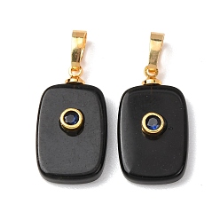 Обсидиан Природные подвески обсидиана, прямоугольные подвески с латунной микропаве кубическими цирконами, золотые, 25x13x5 мм, отверстие : 7x4 мм