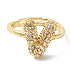 Letter V Стойка покрытие буква латунь микро паве прозрачный кубический цирконий регулируемые кольца для женщин, реальный 18 k позолоченный, Буква V, 13.5x12 мм, внутренний диаметр: 17 мм