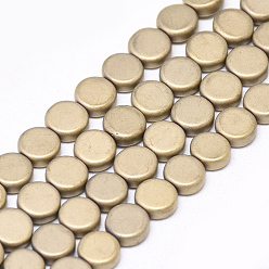 Light Gold Plated Electroplate Non-magnetic Synthetic Hematite Beads Strands, Matte Style, Flat Round, Light Gold Plated, 6x2.5mm, Hole: 1mm, about 71pcs/strand, 15.7 inch