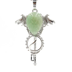 Green Aventurine Natural Green Aventurine Pendants, with Platinum Plated Brass Findings, Wing with Key Charms, 47x32x11mm