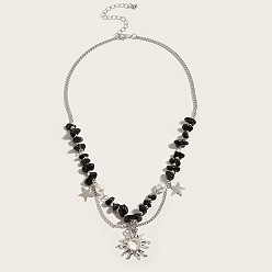 Обсидиан Модное ожерелье из бисера с подвеской в виде звезды и солнца из цинкового сплава с натуральным обсидианом, платина, 16.54 дюйм (42 см)