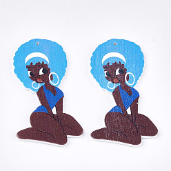 Deep-Sky-blau Gedruckte große Holzanhänger, gefärbt, Mädchen, Deep-Sky-blau, 67.5x37x2.5 mm, Bohrung: 1.5 mm