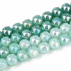 Средний Аквамарин Антикоррозийные гальванические стеклянные бусины, круглые, имитация нефрита, градиент цвета, граненые, средний аквамарин, 9~10 мм, отверстие : 1.2~1.6 мм, около 41~42 шт / нитка, 14.76~15.16 дюйм (37.5~38.5 см)