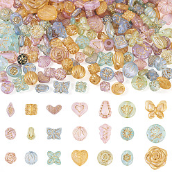 Mixed Color 100G Transparent Acrylic Beads, Mixed Shapes, Golden Metal Enlaced, Mixed Color, 10mm