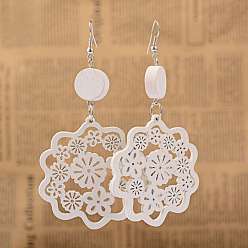 White Filigree Flower Wood Dangle Earrings, with Platinum Plated Iron Earring Hooks, White, 83mm