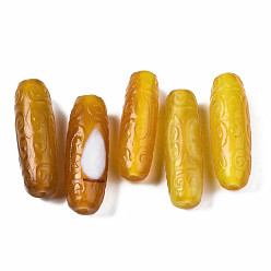 (932FM) Темно-синий аква-матовый с подкладкой Природного серого агата бисера, окрашенные, баррель с цветочным узором, темно-золотистые, 35~42.5x10~15 мм, отверстие : 1.4~3 мм