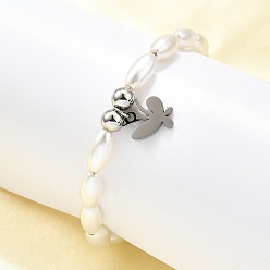 Нержавеющая Сталь Цвет 304 Браслеты с подвесками в виде бабочек из нержавеющей стали для женщин, с пластиковыми бусинами из искусственного жемчуга, цвет нержавеющей стали, 7 дюйм (17.9 см)