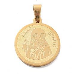 Настоящее золото 14K Религия ионное покрытие (IP) 304 подвески из нержавеющей стали, плоский круглый с шармом святого бенедикта, реальный 14 k позолоченный, 24x21x2 мм, отверстие : 5.5x4 мм