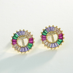 Letter T Серьги-гвоздики из латуни с разноцветными кубическими цирконами, плоско-круглые, золотые, Письмо T, 16x16 мм