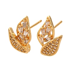 Настоящее золото 18K Фурнитура для сережек-гвоздиков из листовой латуни с микропаве из прозрачного кубического циркония, долговечный, без никеля , реальный 18 k позолоченный, 16x9 мм, отверстие : 1.2 мм, штифты : 1 мм