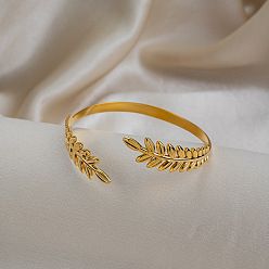 Plaqué 18K Or Véritable Bracelets vintage en acier inoxydable à manchette ouverte pour femmes, feuille de blé, réel 304 k plaqué or, diamètre intérieur: 18 pouce (2.42 cm)