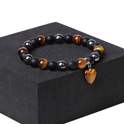 Смешанные камни Браслеты с подвесками из натурального черного обсидиана, синтетического немагнитного гематита и натурального тигрового глаза, эластичные браслеты для женщин, сердце