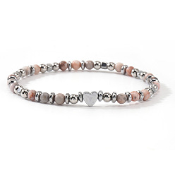 Джаспер Зебра Натуральная розовая зебровая яшма, круглые эластичные браслеты из бисера, Украшения для женщин из синтетических немагнитных гематитовых бусин., сердце, 6.89 дюйм (17.5 см)