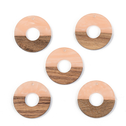 Light Salmon Opaque Resin & Walnut Wood Pendants, Flat Round, Light Salmon, 28x3mm, Hole: 2mm