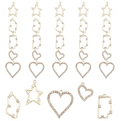 Crystal 30Pcs 5 Style Light Gold Plated Alloy Rhinestone Pendants, Rectangle & Heart & Star & Twist, Crystal, 29x17x3mm, Hole: 1.8mm, 6pcs/style