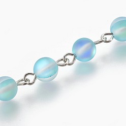 Alice Blue Handmade Synthetical Moonstone Beads Chains, Unwelded, with Iron Eye Pin, Frosted, Dyed, Round, Platinum, Alice Blue, 13x6mm, about 1m/strand, 39.37 inch