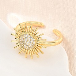 Real 18K Gold Plated Sun Brass Micro Pave Cubic Zirconia Cuff Open Rings for Women, Cadmium Free & Lead Free, Rack Plating, Long-Lasting Plated, Real 18K Gold Plated, 17mm