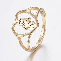 Golden 304 Edelstahlringe, Breitbandringe, hohl, Herz mit Hamsa Hand / Hand Fatima / Hand von Miriam, golden, Größe 8, 18 mm