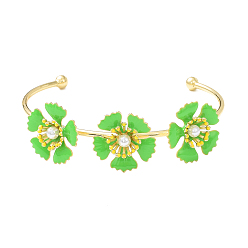 Green Alloy Flower with Imitation Pearl Beaded Open Cuff Bangle for Women, Green, Inner Diameter: 1-7/8x2-3/8 inch(4.8cm)
