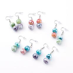 Mixed Color Round Lampwork Dangle Earrings, with 304 Stainless Steel Earring Hooks and Ear Nuts, Mixed Color, 49mm, Pin: 0.7mm