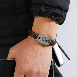 Сиена Ретро-браслеты из сплава коровьей кожи со звеньями для пары, подарок на День Святого Валентина , прямоугольник со словом «любовь» и стрелкой в виде сердца, цвет охры, 6-3/4~7-1/8 дюйм (18 см)