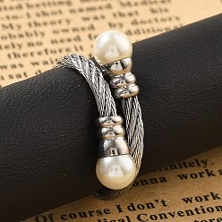 Нержавеющая Сталь Цвет 304 открытые манжеты из нержавеющей стали для женщин, с пластиковой имитацией жемчуга, цвет нержавеющей стали, размер США 8 1/2 (18.5 мм)