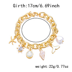 Золотой Браслеты в пляжном стиле из сплава с эмалью и пластиковыми жемчужинами, браслеты из сплава и цепи для женщин, форма ракушки, морская звезда и рыбий хвост, золотые, 6.69 дюйм (17 см)