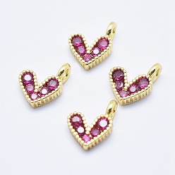 Real 18K Gold Plated Brass Micro Pave Cubic Zirconia Charms, Long-Lasting Plated, Cadmium Free & Nickel Free & Lead Free, Heart, Hot Pink, Real 18K Gold Plated, 9.5x6.5x2mm, Hole: 1mm