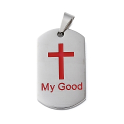 Нержавеющая Сталь Цвет 304 нержавеющей стальной эмали подвески, прямоугольник с крестом и словом мой добрый амулет, цвет нержавеющей стали, 38x22x3 мм, отверстие : 9x5.5 мм