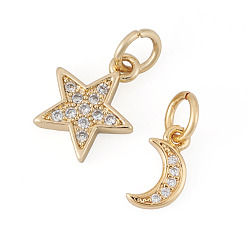 Золотой 2 шт. 2 стили латунные микро-паве кубические циркониевые подвески, звезда и луна, золотые, 9~11.5x5~10x1~2 мм, отверстие : 3~3.5 мм, 1 шт / стиль