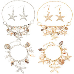 Платиновый & Золотой Комплект пляжных украшений из натуральных ракушек и морских звезд, 2 ожерелья-нагрудники шт., 2 парные серьги с подвесками и 2 браслеты с подвесками, шт., модные украшения из железа и латуни, платиной и золотом, 18.9 дюйм (48.2 см), 51 мм, штифты : 0.6 мм, 7-3/8 дюйм (187 мм)