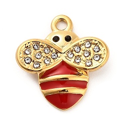 Красный 304 из нержавеющей стали Кристалл Rhinestone подвески, Эмаль стиле, реальный 18 k позолоченный, Пчелы, красные, 17.5x17x2.5 мм, отверстие : 1.8 мм