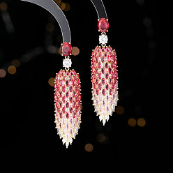 Светло-Вишневый Серьги-гвоздики из латуни с микропаве и кубическим цирконием в форме каплевидной формы, золотые, светло-вишневый, 66x17 мм