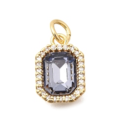 Средний Синий Шифер Латунь стекло кулоны, прямоугольный шарм, с кубическим цирконием и прыгающим кольцом, граненые, реальный 18 k позолоченный, средний грифельно-синий, 13.5x9x5 мм, отверстие : 3 мм