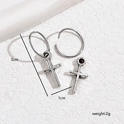 Античное Серебро Простые и элегантные винтажные серебряные серьги-кольца с крестом, античное серебро, 30x14 мм