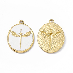 White Ion Plating(IP) 304 Stainless Steel Pendant, with Enamel, Oval with Wing Charm, Golden, White, 28x20x2mm, Hole: 1.8mm