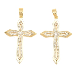 Real 18K Gold Plated Easter Brass Micro Pave Clear Cubic Zirconia Pendants, Geometric Cross Charms, Real 18K Gold Plated, 38.5x25x2.5mm, Hole: 5.5x3mm