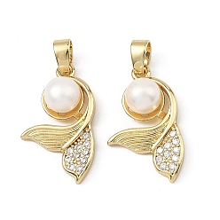 Golden Brass Micro Pave Clear Cubic Zirconia Pendants, with Natural Cultured Freshwater Pearl Beads, Fishtail Charms, Golden, 24x14x7.5mm, Hole: 6x3.5mm