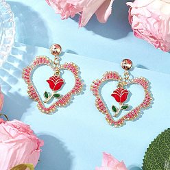 Индийский Красный Серьги-гвоздики с подвесками в виде железного цветка, с подвесками в форме сердца из плетеного стекла, золотые, Индийская красная, 56x41 мм